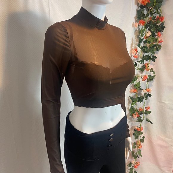 Bozzolo See Right Through You Mesh Long Sleeve Crop Top Brown Size L RefFNB3 - Picture 4 of 7